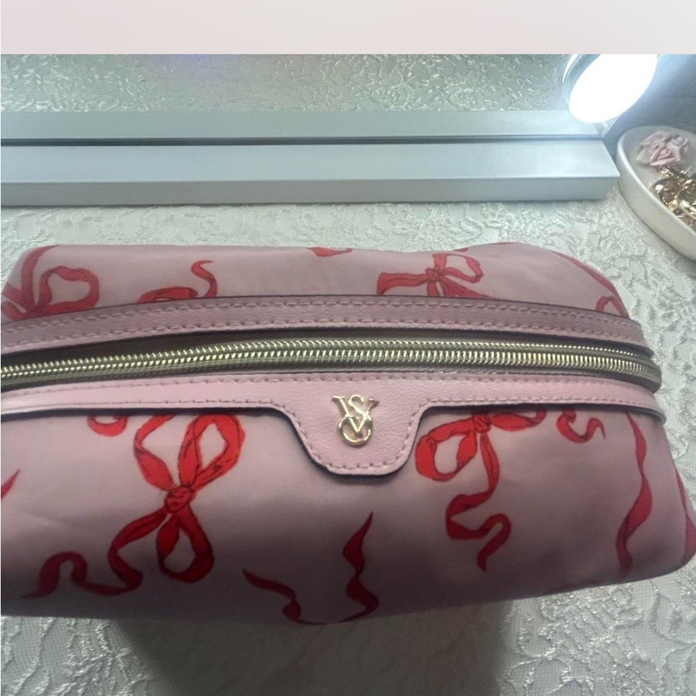 Victoria's Secret Pink Cosmetic Bag with Red Ribbon Design